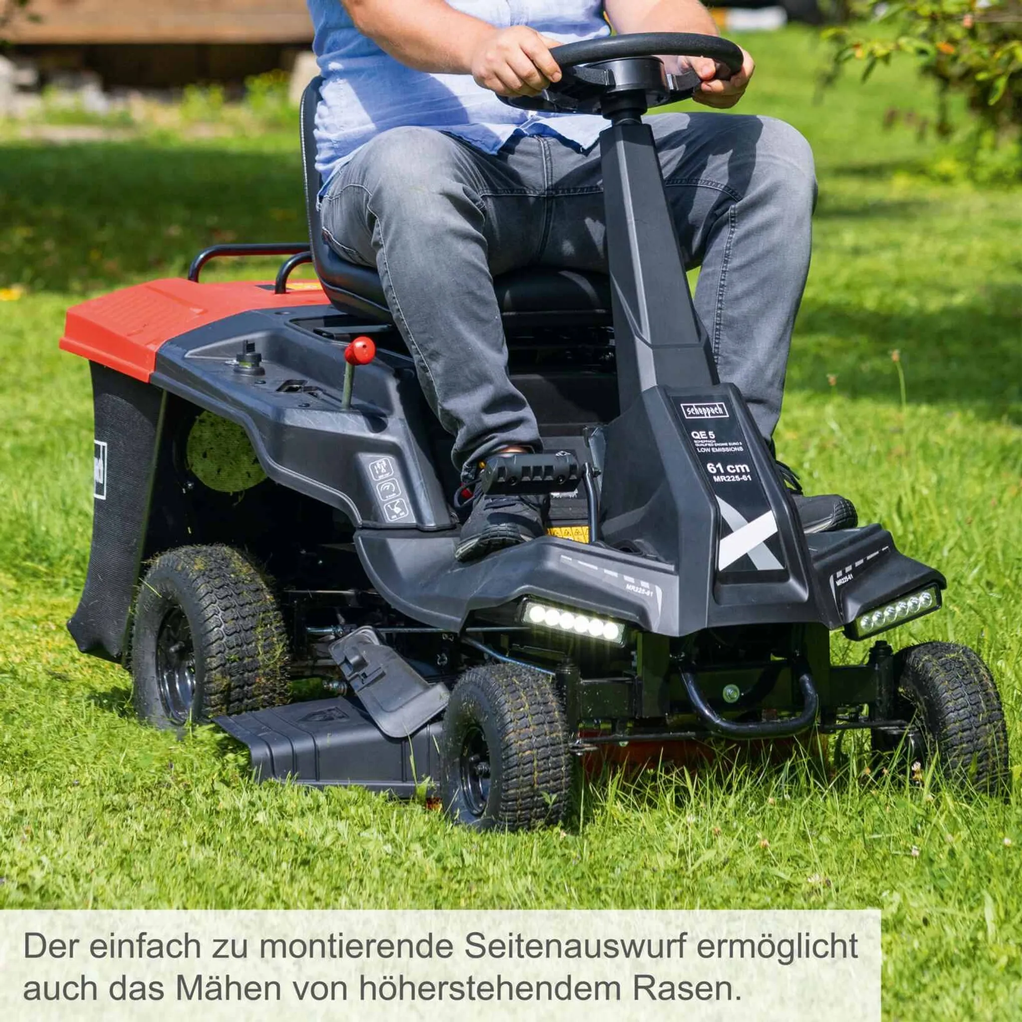 Scheppach MR235-61 Benzin Aufsitzrasenmäher 6PS | 61cm Schnittbreite | 150L Korb | LED | E-Start | 4 Vorwärtsgänge Aufsitzmäher inkl. Öl & Motorhaube – Bild 6