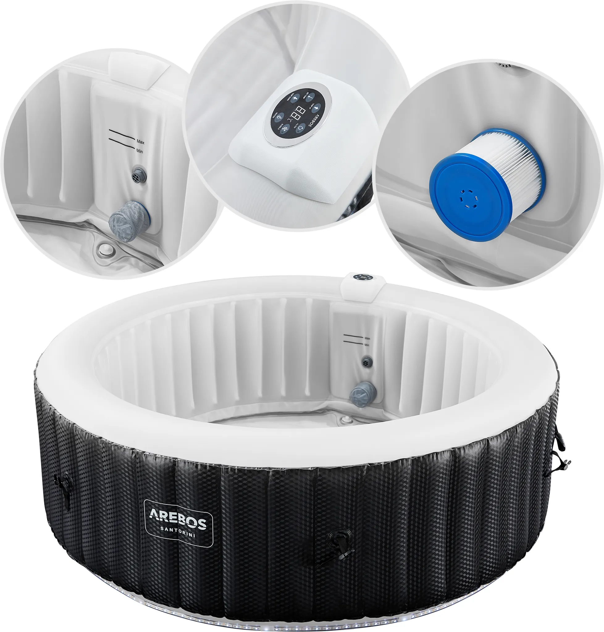 AREBOS Whirlpool, aufblasbar, 6 Pers., Ø 208 cm, 1000L, LED, 130 Düsen, Abdeckung – Bild 5