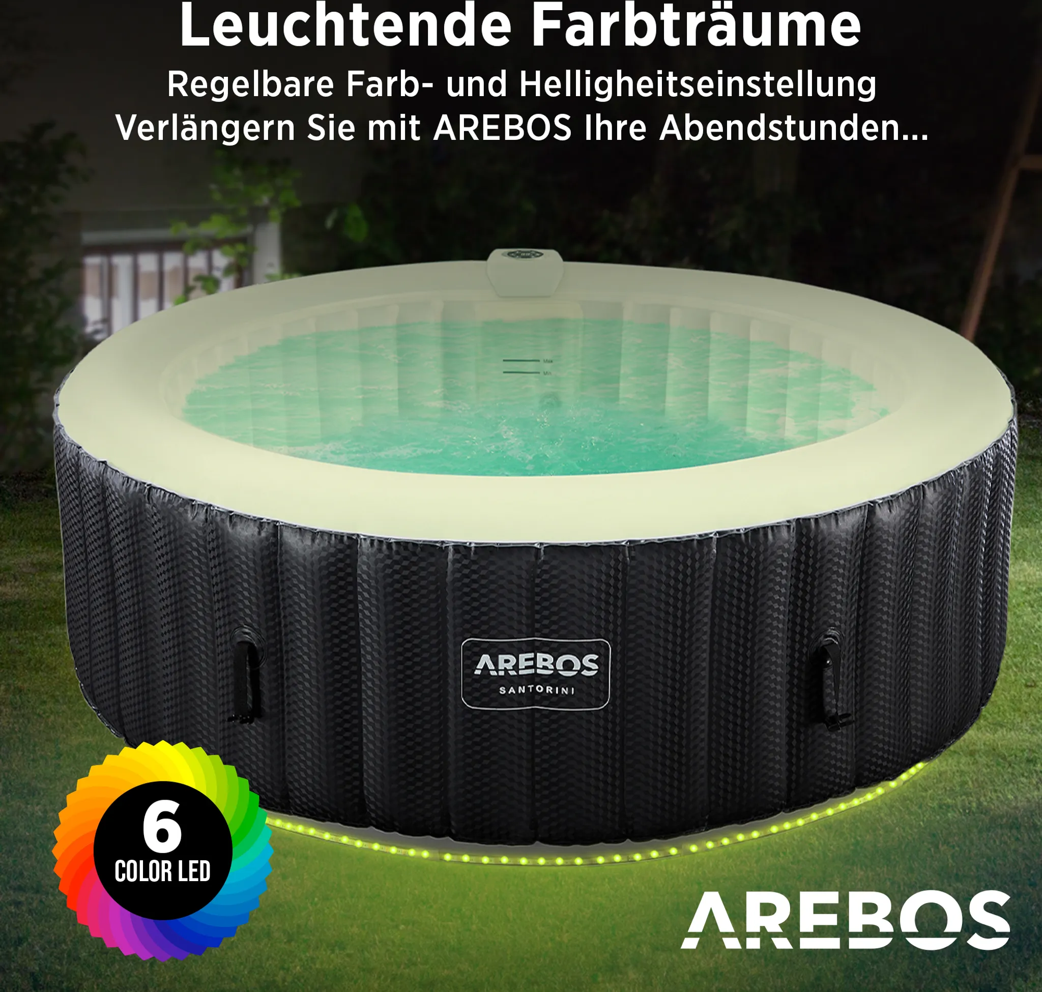 AREBOS Whirlpool, aufblasbar, 6 Pers., Ø 208 cm, 1000L, LED, 130 Düsen, Abdeckung – Bild 7