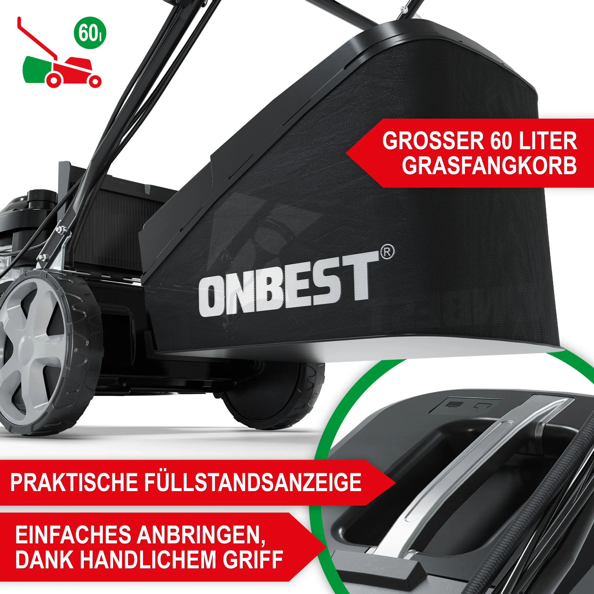 ONBEST Rasenmäher Benzin mit Antrieb TXC-3653E | 53 cm Schnittbreite | Elektrostart | 6,5 PS | Doppelmesser mit Sograd – Bild 5