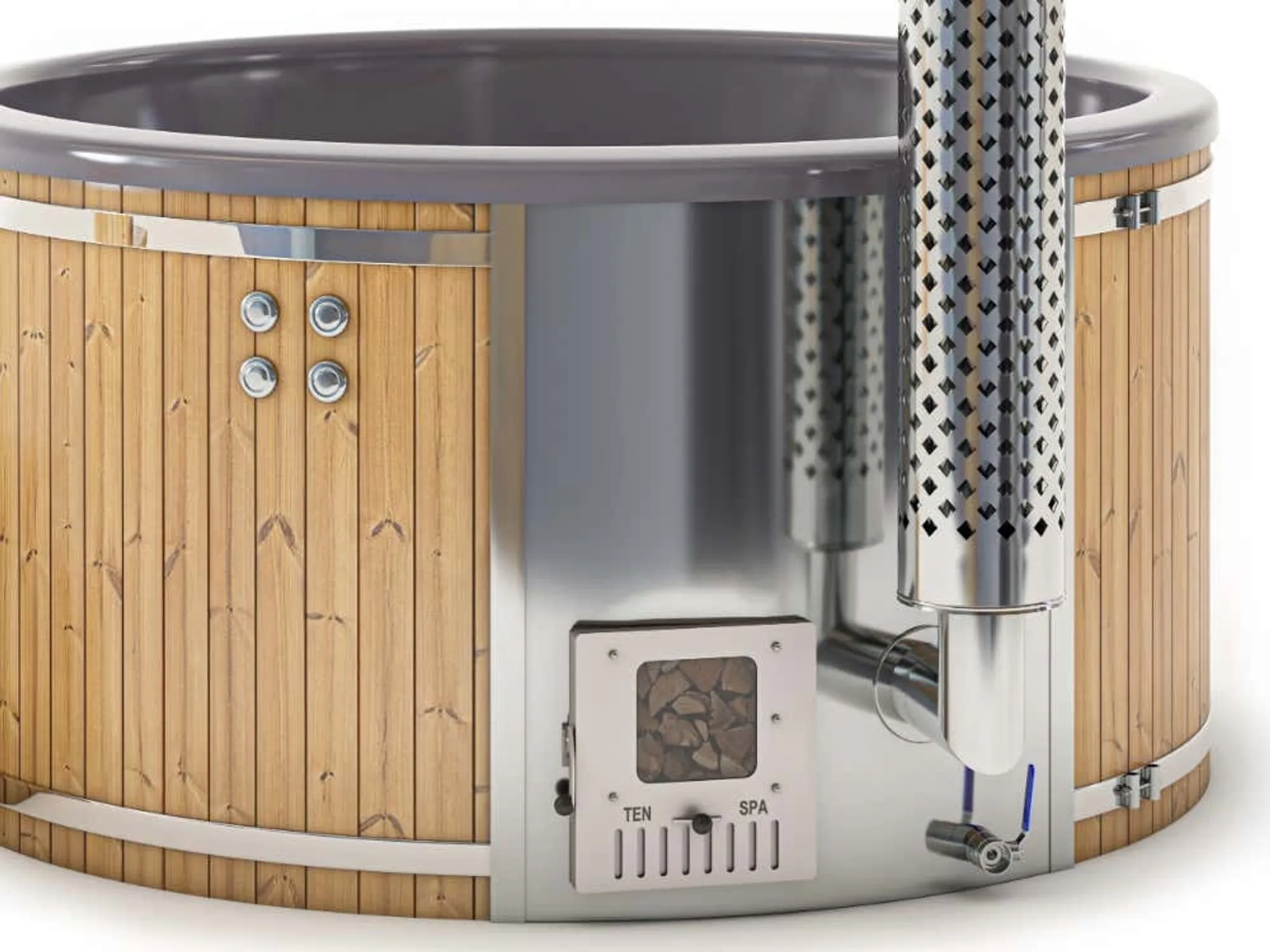 Finntherm Holz Badefass Stockholm aus Thermoholz, Whirlpool, Hot Tub Ø 180 cm, in Anthrazit, 8 Personen, inkl. Edelstahl-Ofen (30 kW), Schwimmbecken, Badebottich, Sprudelbad – Bild 7