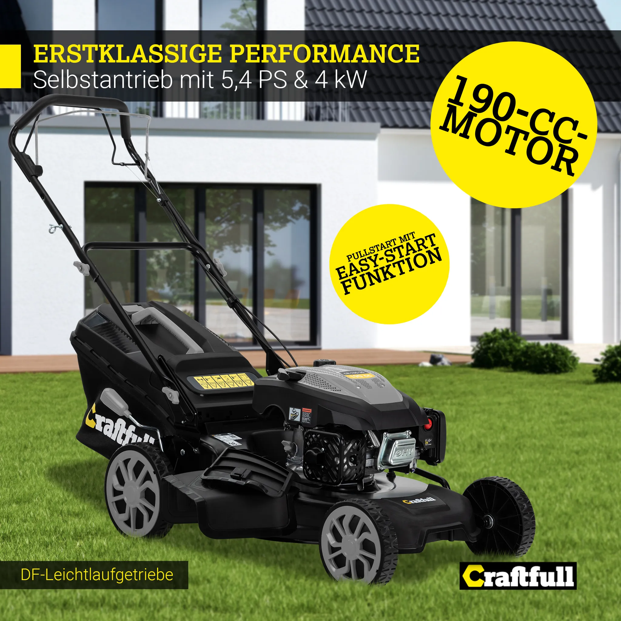 Craftfull Premium Benzin-Rasenmäher CR-196-30 | Selbstfahrantrieb - 53 cm Schnittbreite - 4 in 1 - Mähen - Mulchen - Heck- & Seitenauswurf - klappbar – Bild 4