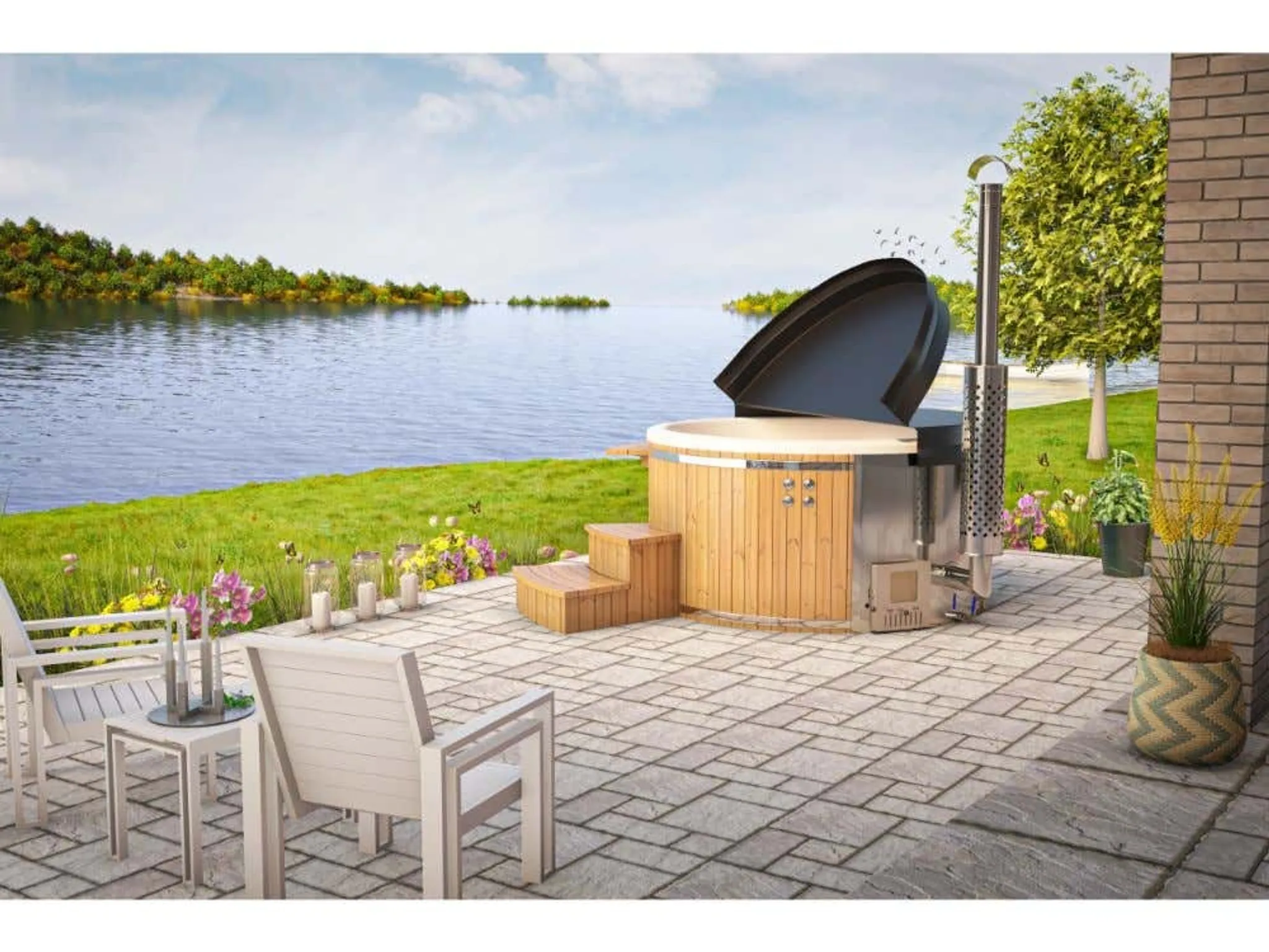 Finntherm Holz Badefass Stockholm aus Thermoholz, Whirlpool, Hot Tub Ø 180 cm, in Anthrazit, 8 Personen, inkl. Edelstahl-Ofen (30 kW), Schwimmbecken, Badebottich, Sprudelbad – Bild 2