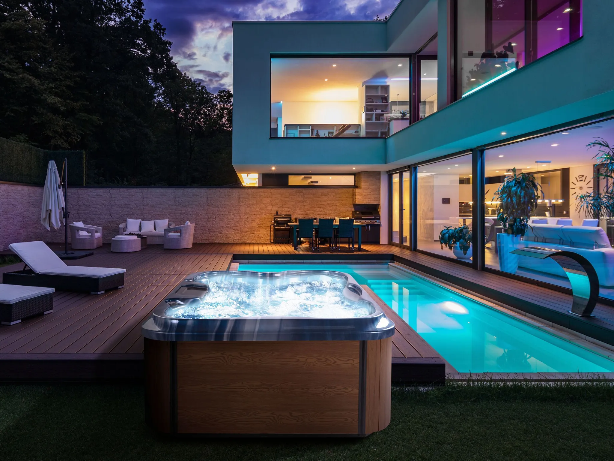 BELIANI Outdoor Whirlpool Blau Acryl und Aluminium Rechteckig 180 x 215 cm mit LED Hydromassage Schutzhülle für 4 Personen Garten Draußen Terrasse – Bild 2