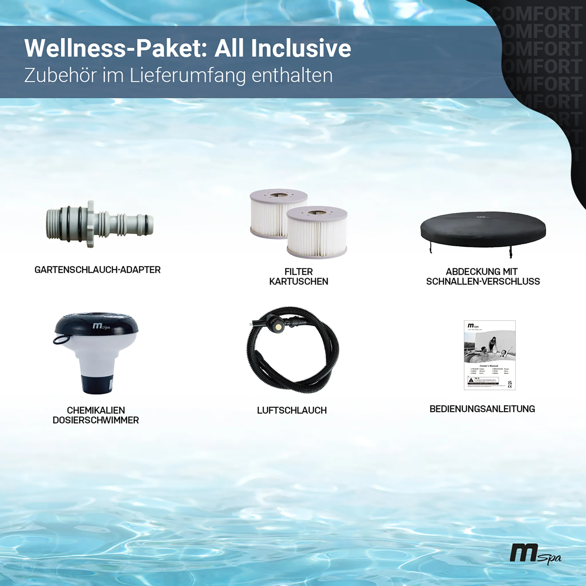 MSpa Whirlpool Comfort Bergen | 6 Personen Pool - In- & Outdoor Spa - 138 Massagedüsen - Fernbedienung - Aufblasfunktion per Tastendruck - 204x204 cm – Bild 9