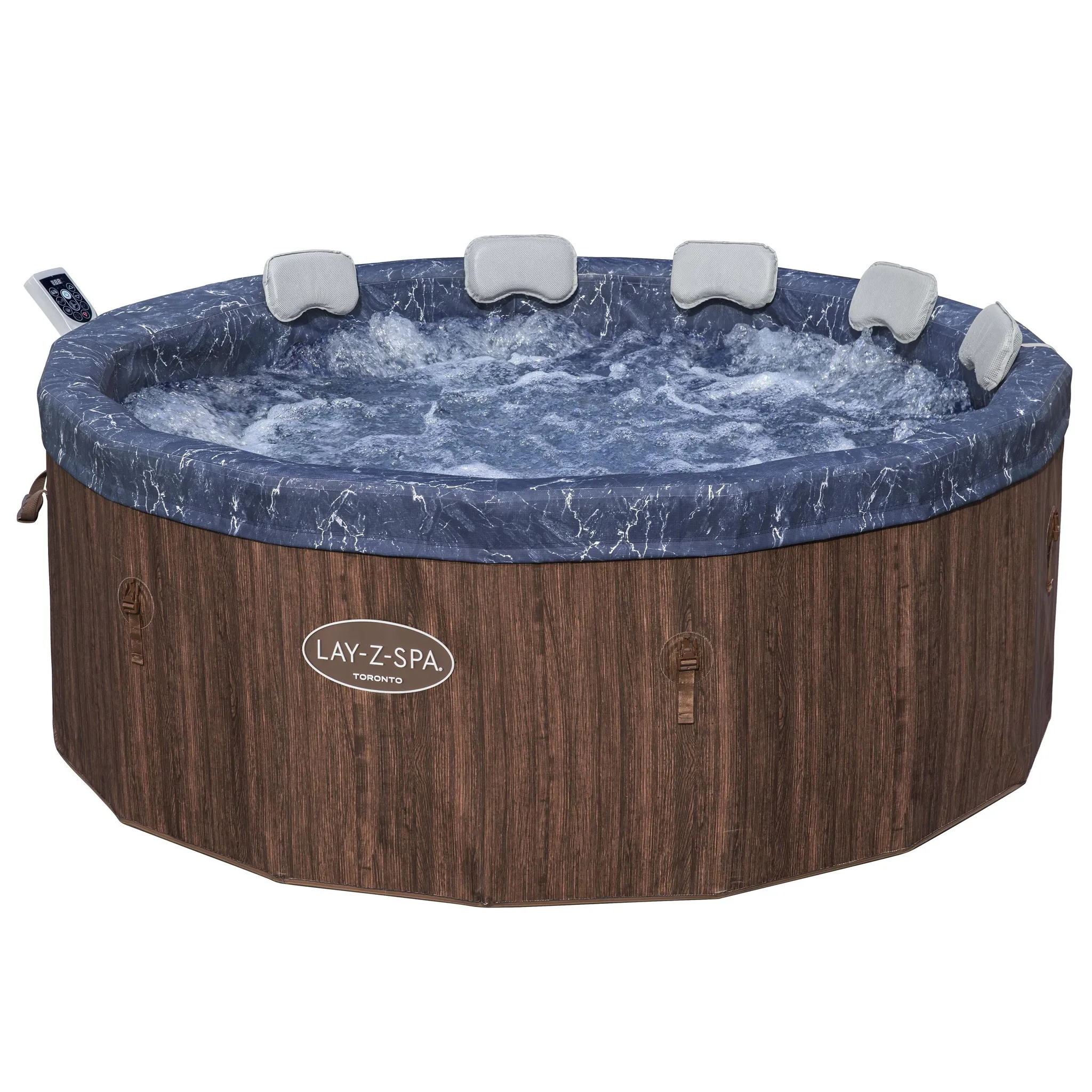 Bestway® LAY-Z-SPA® Energiespar-Whirlpool mitSchaumstoffpaneelen Toronto AirJet™ mit App-Steuerung + integrierter UltraFit™ -Pumpeneinheit, für 7 Personen Ø 190 x 70 cm, Holz-Optik (Palisander)