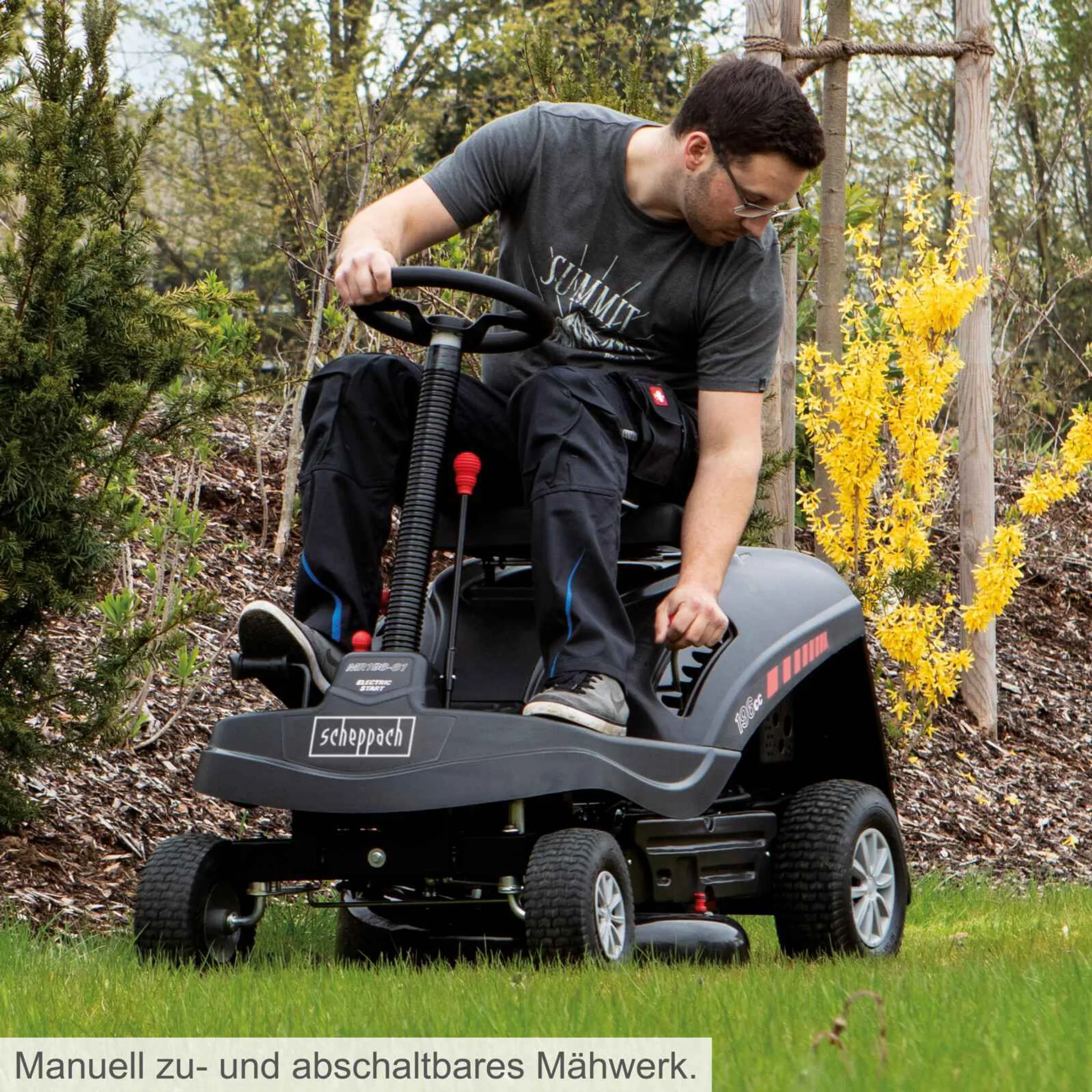 Scheppach Benzin Rasentraktor Aufsitzmäher MR196-61 | 6,5PS | Schnittbreite 61cm | 5 Höhenverstellung | E-Start | 150L | 4xVorwärts / 1xRückwärtsgang – Bild 8