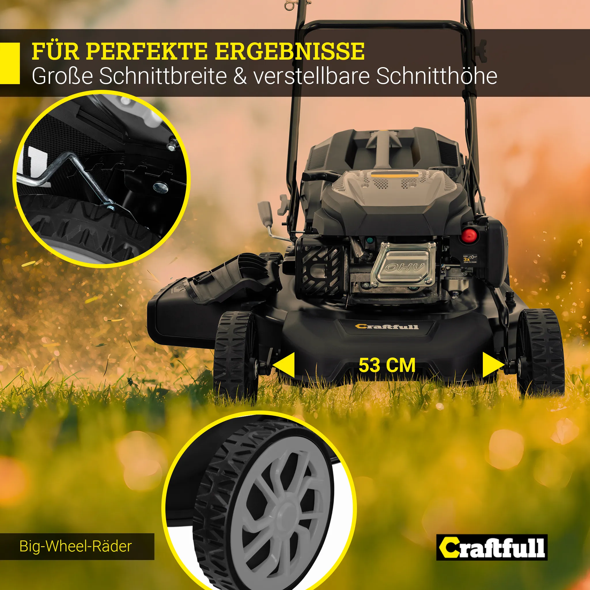 Craftfull Premium Benzin-Rasenmäher CR-196-30 | Selbstfahrantrieb - 53 cm Schnittbreite - 4 in 1 - Mähen - Mulchen - Heck- & Seitenauswurf - klappbar – Bild 6
