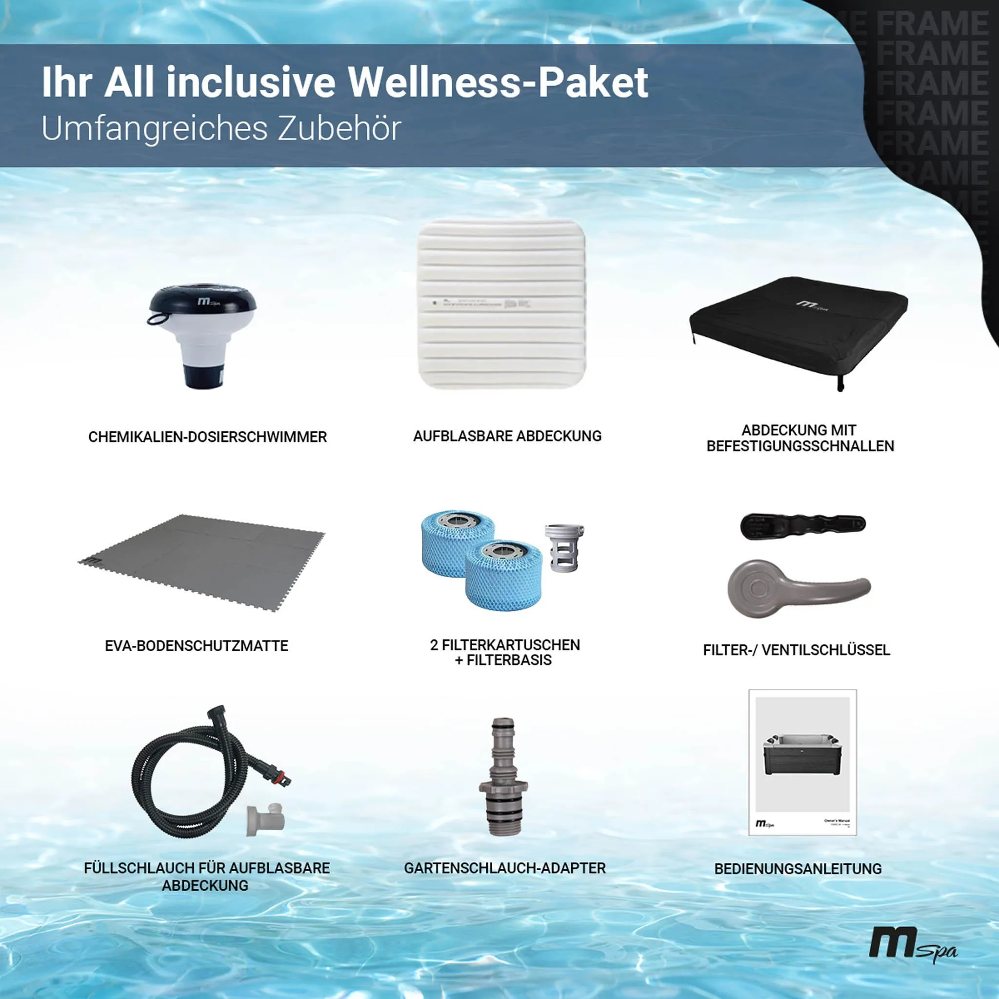 Miweba MSpa Whirlpool Frame Oslo | für 6 Personen - App Steuerung - Outdoor Pool - UVC-Reinigung - OLED Touchdisplay - mit Starterset - Sapphire – Bild 9