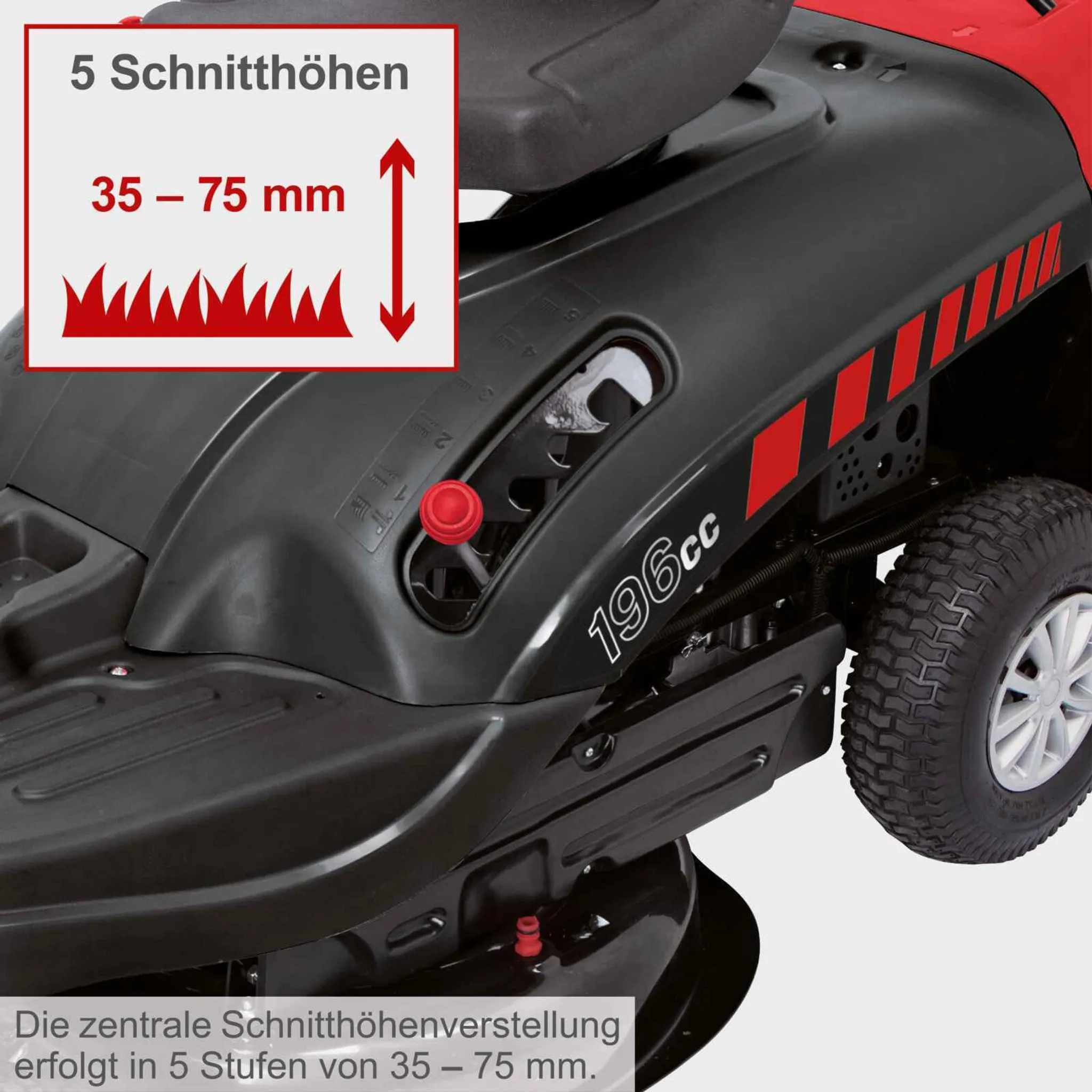 Scheppach Benzin Rasentraktor Aufsitzmäher MR196-61 | 6,5PS | Schnittbreite 61cm | 5 Höhenverstellung | E-Start | 150L | 4xVorwärts / 1xRückwärtsgang – Bild 7