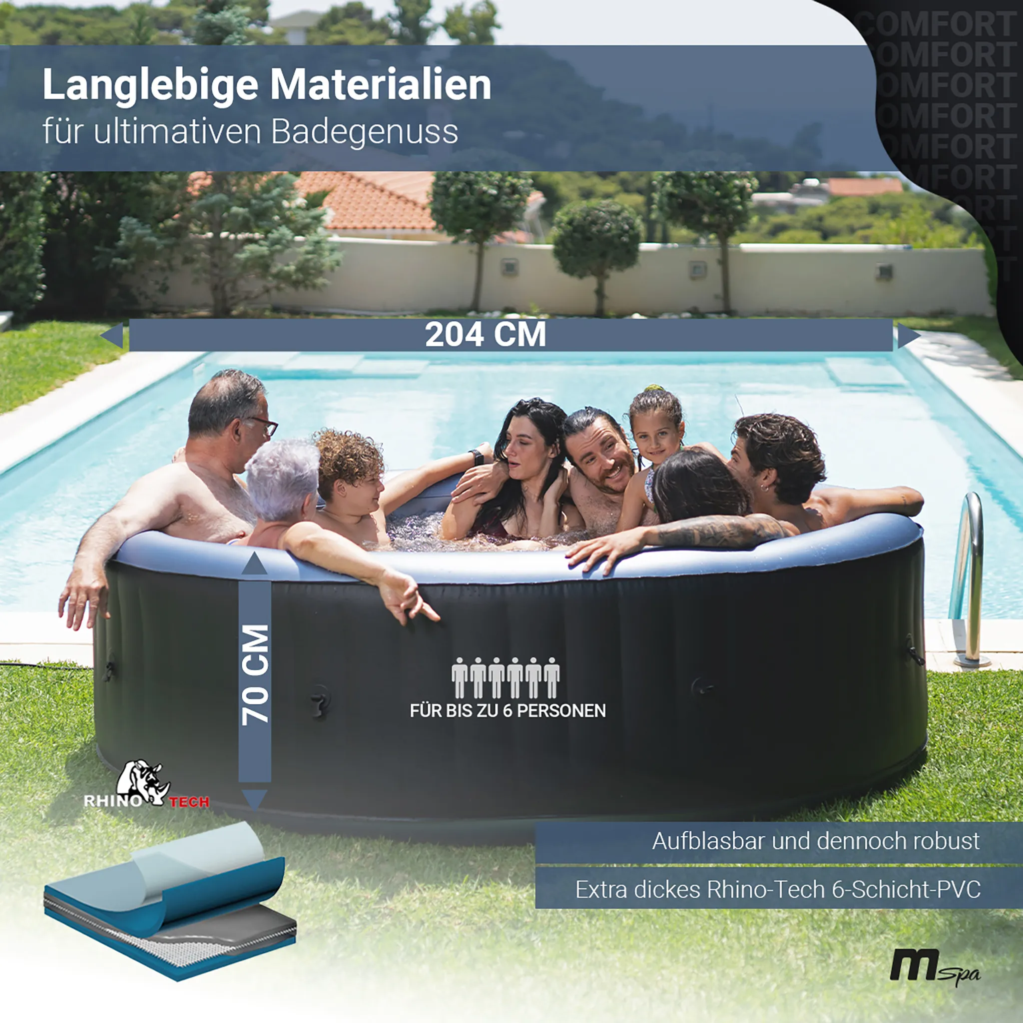 MSpa Whirlpool Comfort Bergen | 6 Personen Pool - In- & Outdoor Spa - 138 Massagedüsen - Fernbedienung - Aufblasfunktion per Tastendruck - 204x204 cm – Bild 6