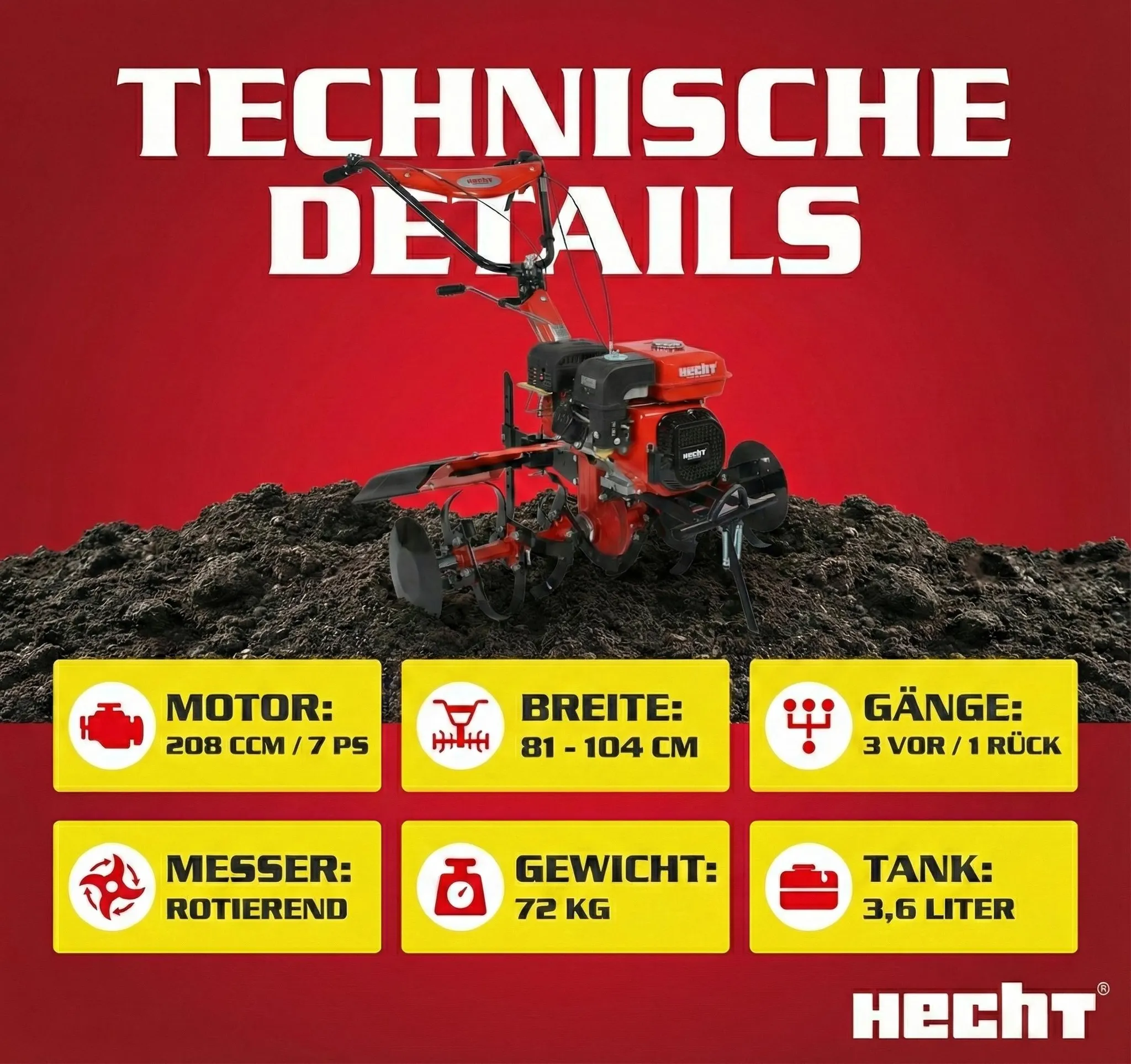 HECHT 7100 Motorhacke Benzin | mit Anhänger | Kupplung | Räder | 104 cm Arbeisbtreite | 7 PS – Bild 6