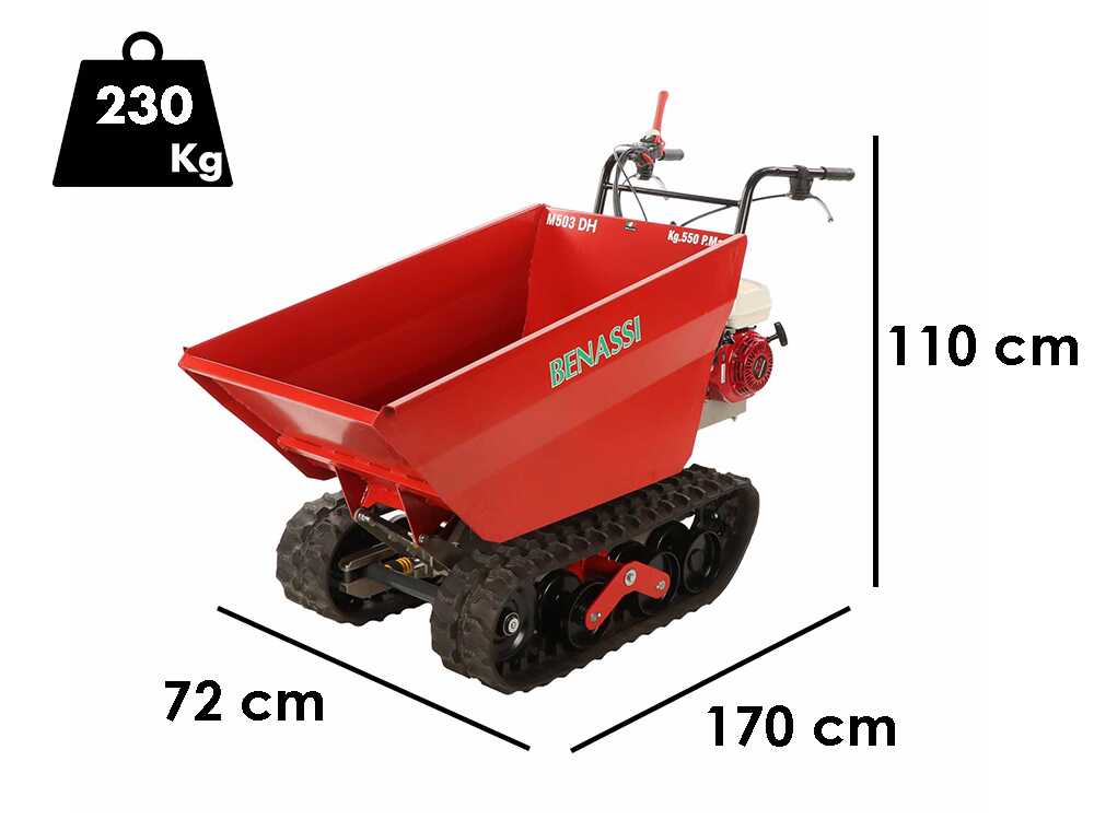 Benassi M503DH – Raupendumper – Hydraulischer Kippmuldenaufsatz – Tragfähigkeit 550 kg