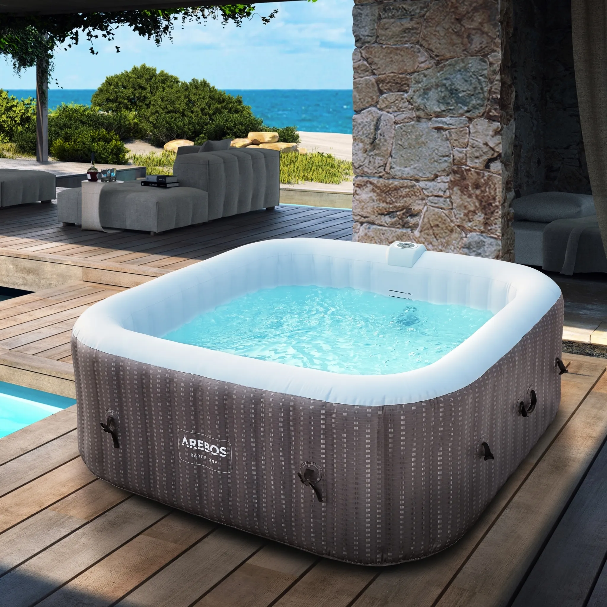 AREBOS Aufblasbarer Whirlpool "Barcelona", 185x185 cm, In- & Outdoor, mit Heizung, 910 Liter, Inkl. Abdeckung, Bubble Spa & Wellness Massage 6 Person – Bild 2