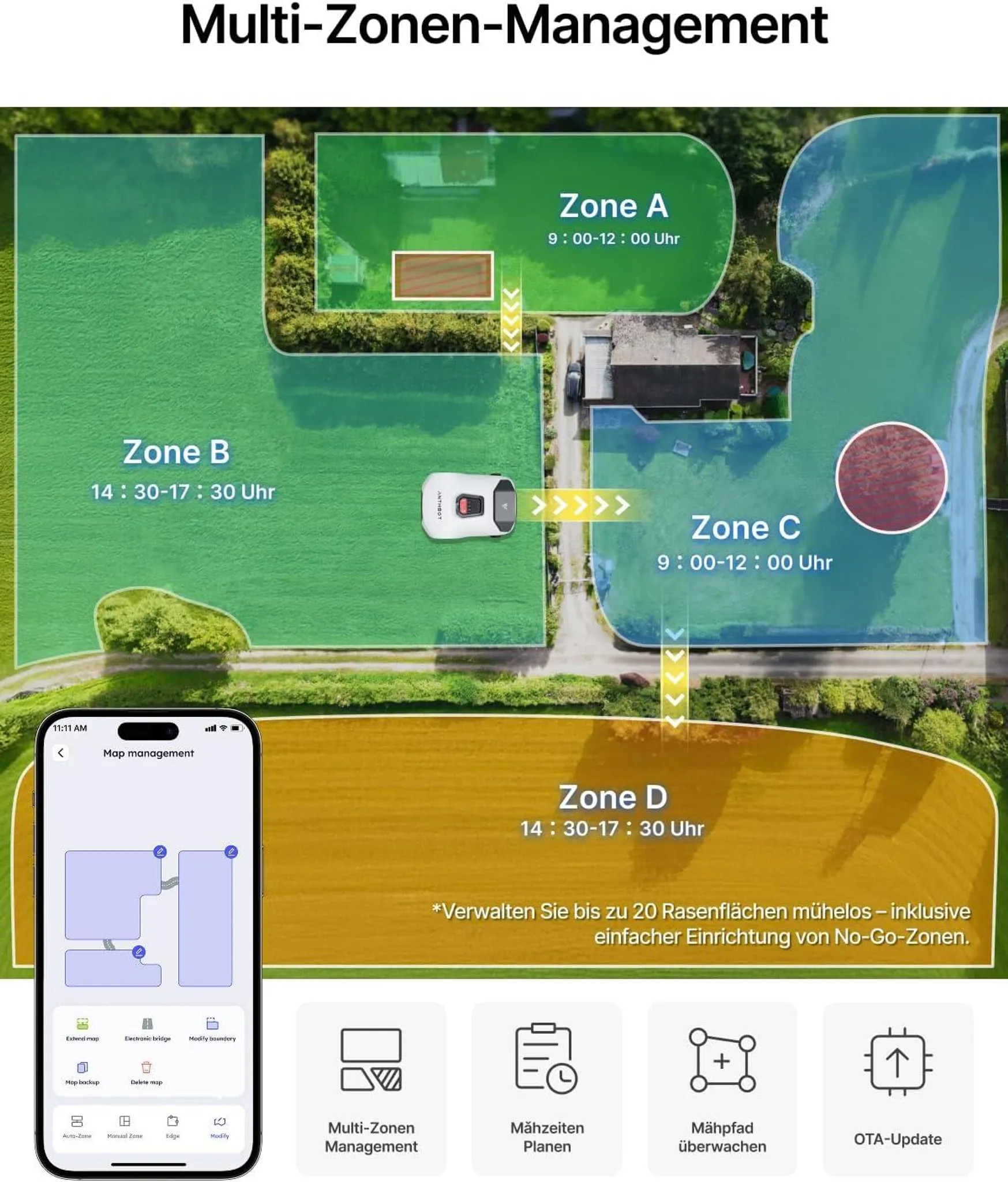 ANTHBOT Genie 600 RTK Mähroboter + 15 Messer – für 900m² ohne Draht – Quad-Vision KI, Kantenmähen, Mulchfunktion, 58dB – Bild 6