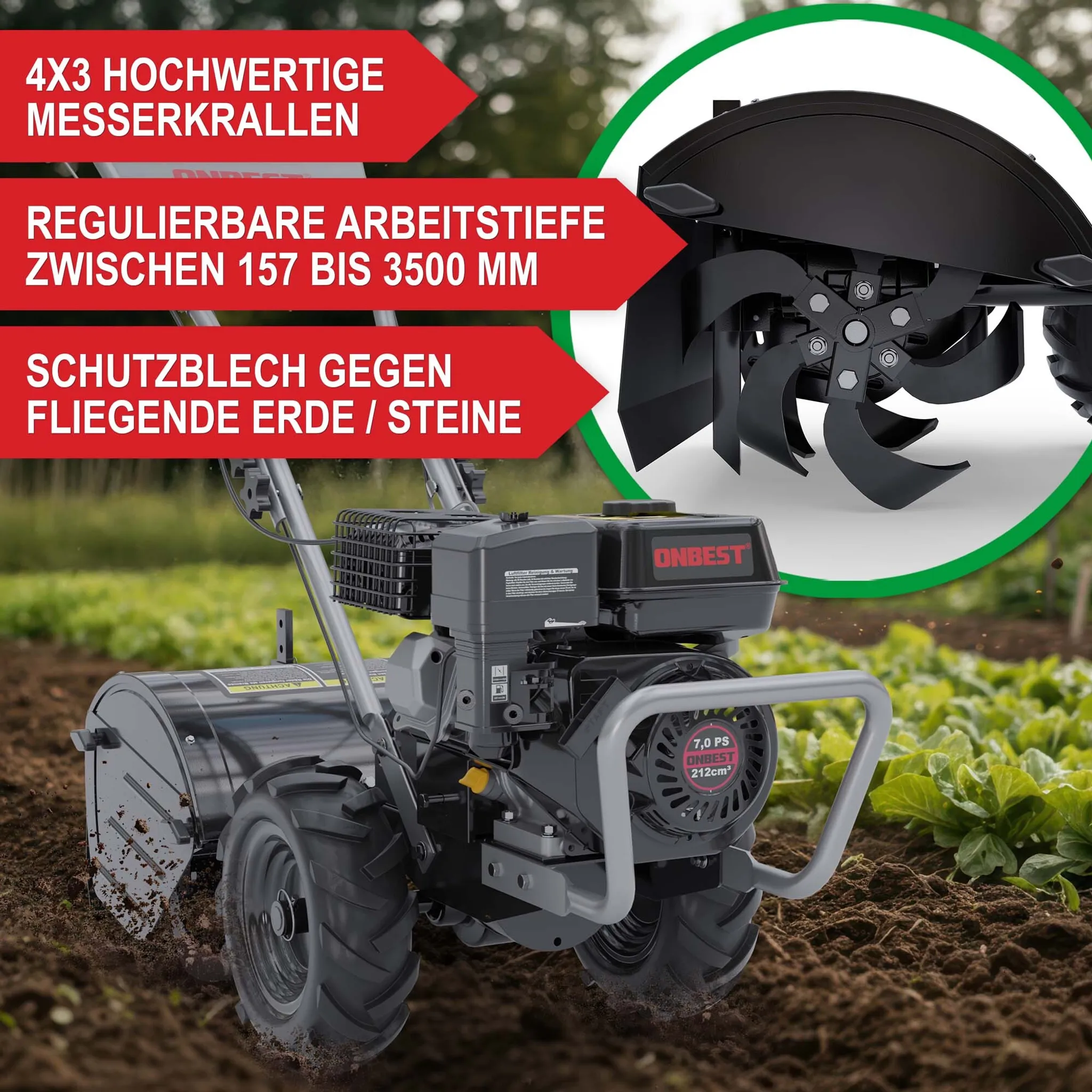 ONBEST Gartenfräse Benzin T4150 | 53 cm Arbeitsbreite | 5,6 PS | 35 cm Arbeitstiefe | 12 Hackmesser – Bild 3