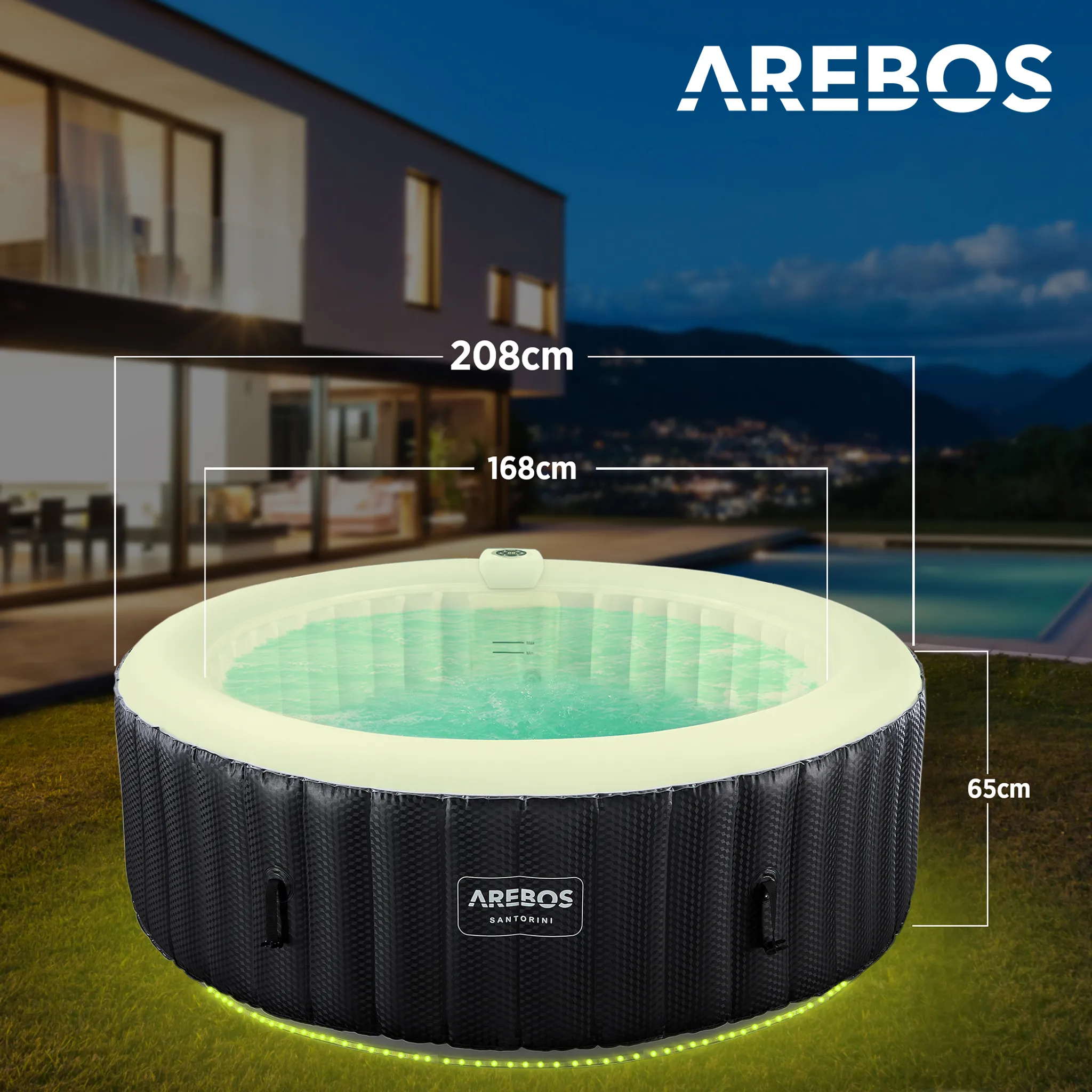 AREBOS Whirlpool, aufblasbar, 6 Pers., Ø 208 cm, 1000L, LED, 130 Düsen, Abdeckung – Bild 9