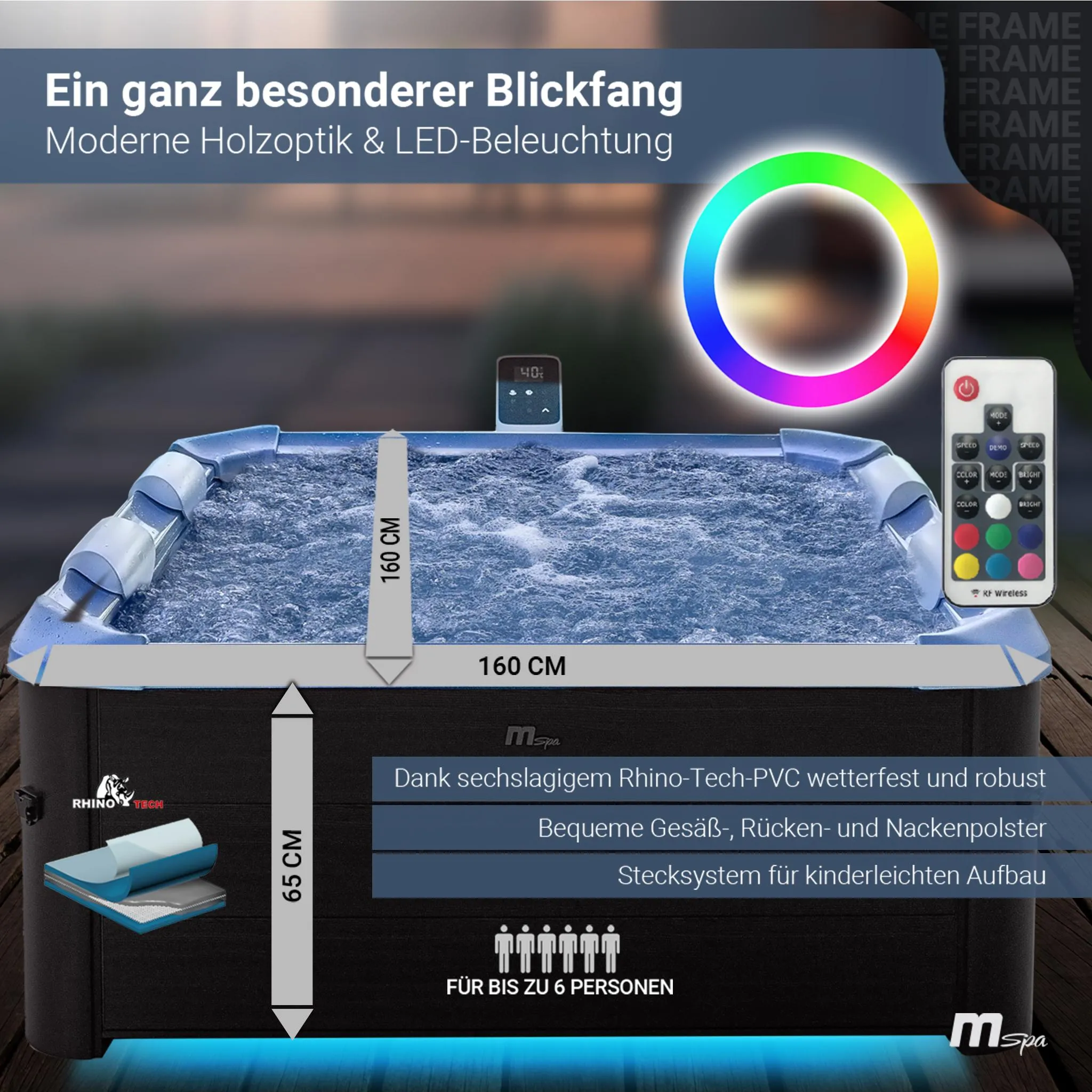 Miweba MSpa Whirlpool Frame Oslo | für 6 Personen - App Steuerung - Outdoor Pool - UVC-Reinigung - OLED Touchdisplay - mit Starterset - Sapphire – Bild 5