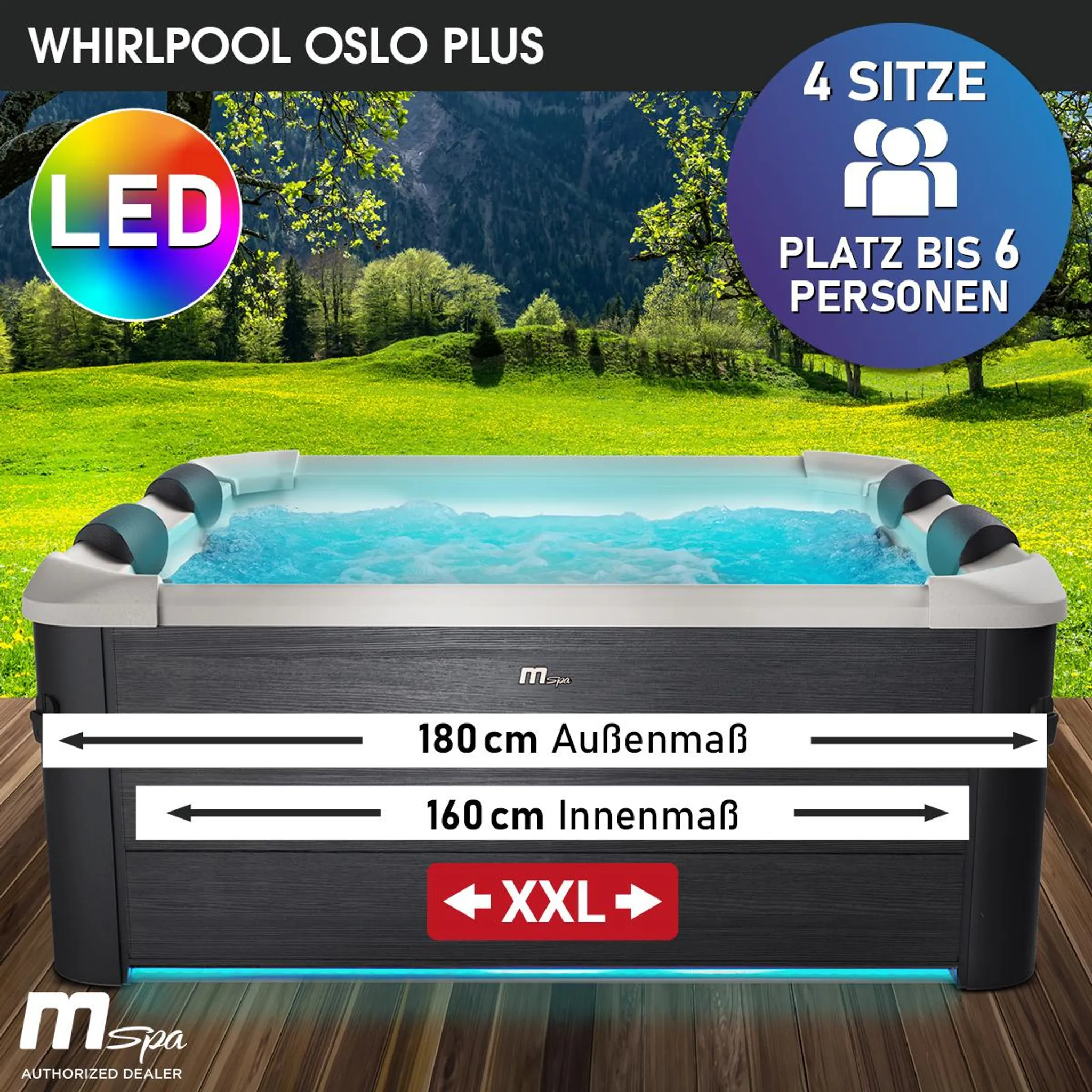 BRAST Whirlpool MSpa Oslo Plus XXL mit Fester Außenwand | LED-Beleuchtung 20 einstellbare Farben für 6 Personen | 180x180x65cm | 140 Massagedüsen | Ganzjähriger Einsatz Winterfest | In & Outdoor Pool – Bild 3