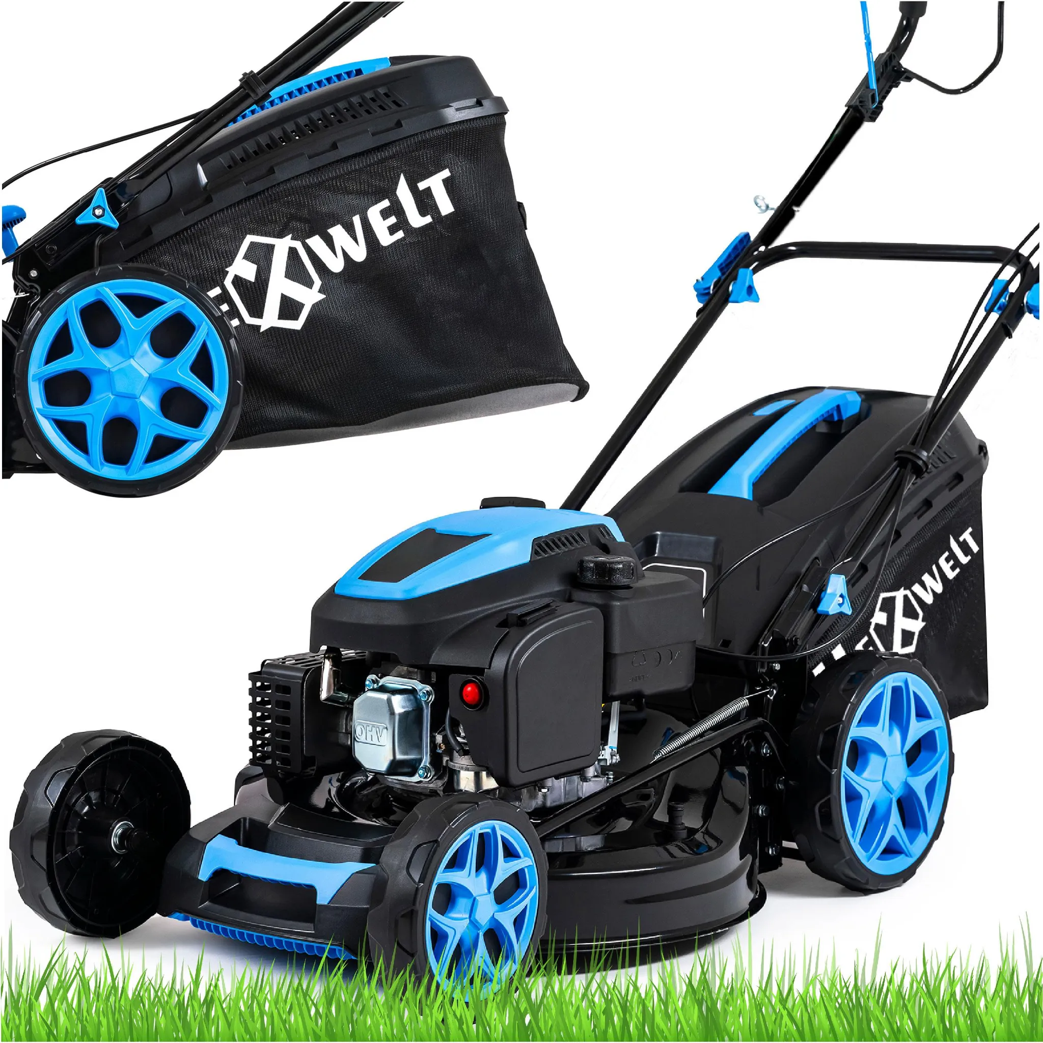 Hexwelt Benzin Rasenmäher mit Antrieb | Schnittbreite 51cm | Mulchfunktion | 60L | 3,8 kW Benzinmäher | 8 Stufen (25-75mm) | ultraleicht, kompakt |