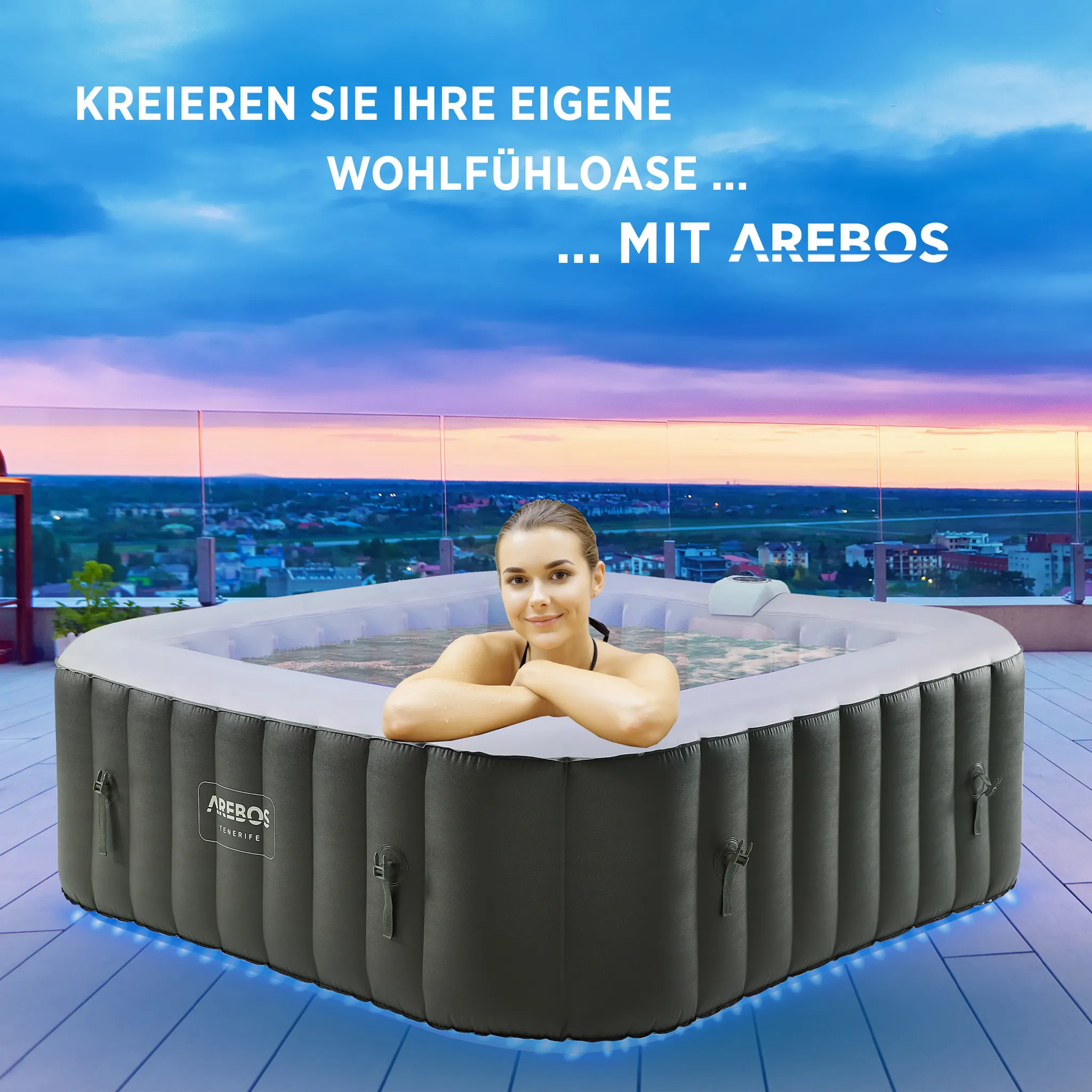 AREBOS Whirlpool 2400W | Aufblasbarer 185x185 910 L | 6 Personen | LED & 130 Düsen – Bild 2