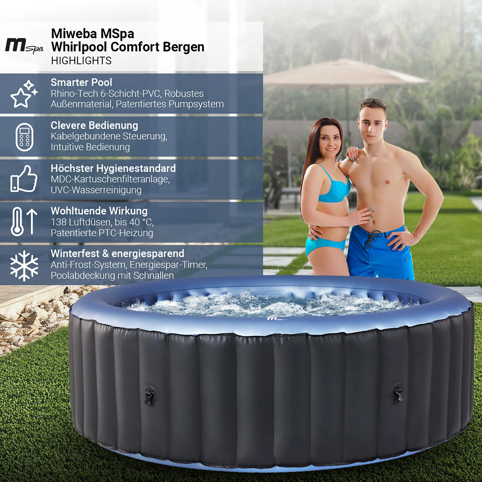 MSpa Whirlpool Comfort Bergen | 6 Personen Pool - In- & Outdoor Spa - 138 Massagedüsen - Fernbedienung - Aufblasfunktion per Tastendruck - 204x204 cm – Bild 2