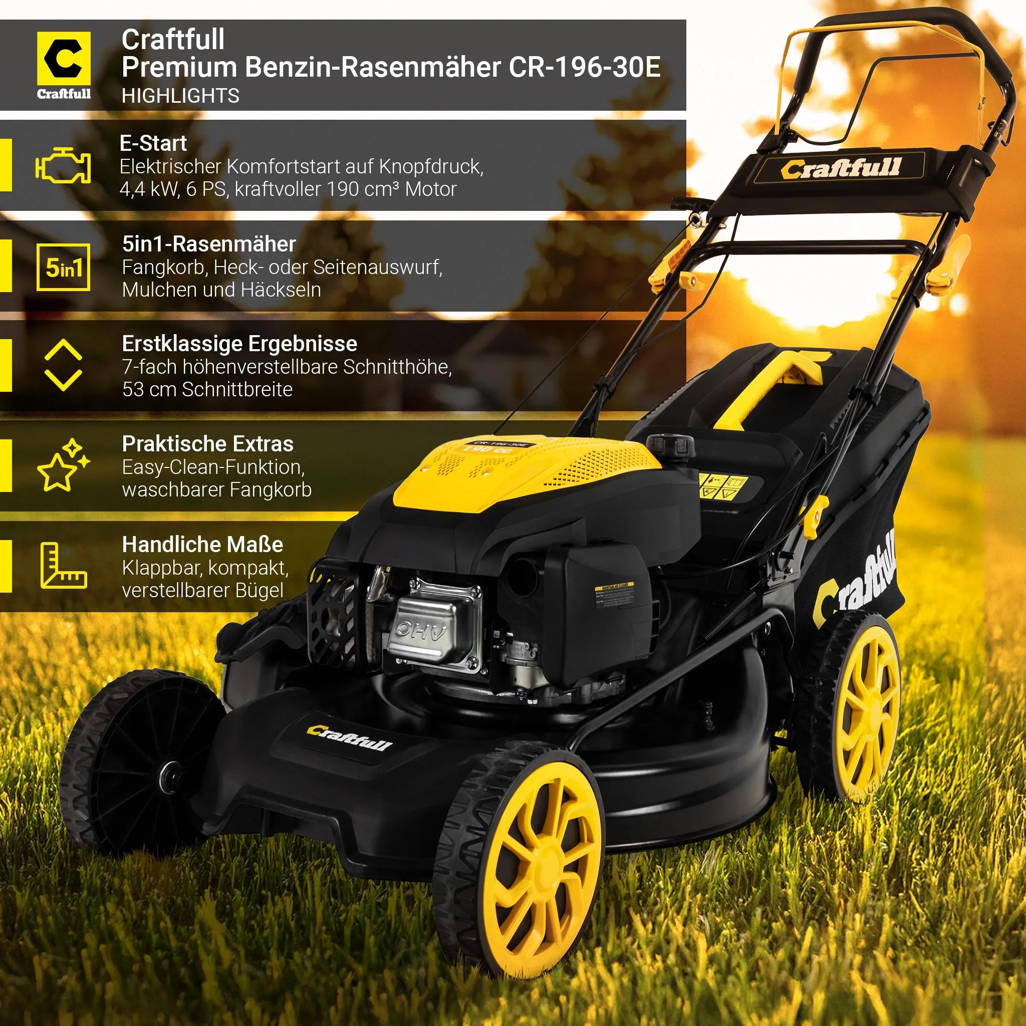 Craftfull Benzin Rasenmäher | 4-in-1 - 190 ccm Motor - 53 cm Schnittbreite - 6 PS - Elektrostarter - Mulchfunktion - Seitenauswurf - 60 Liter Fangkorb – Bild 2