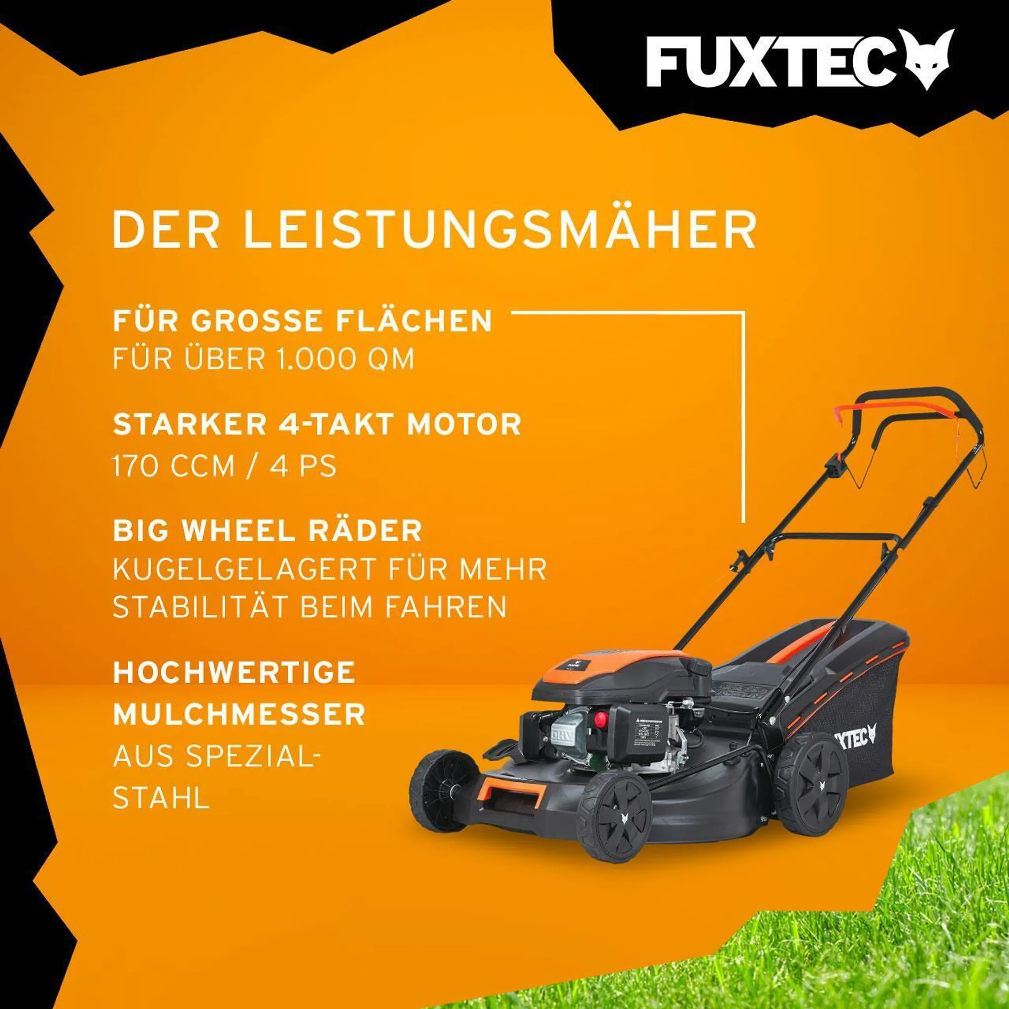 FUXTEC Benzin Rasenmäher FX-RM5170 - 170ccm | 51cm | 28Kg | 4-Takt | Selbstantrieb | Mulchfunktion | Seitenauswurf | 60L Fangkorb | bis 1000m² – Bild 5