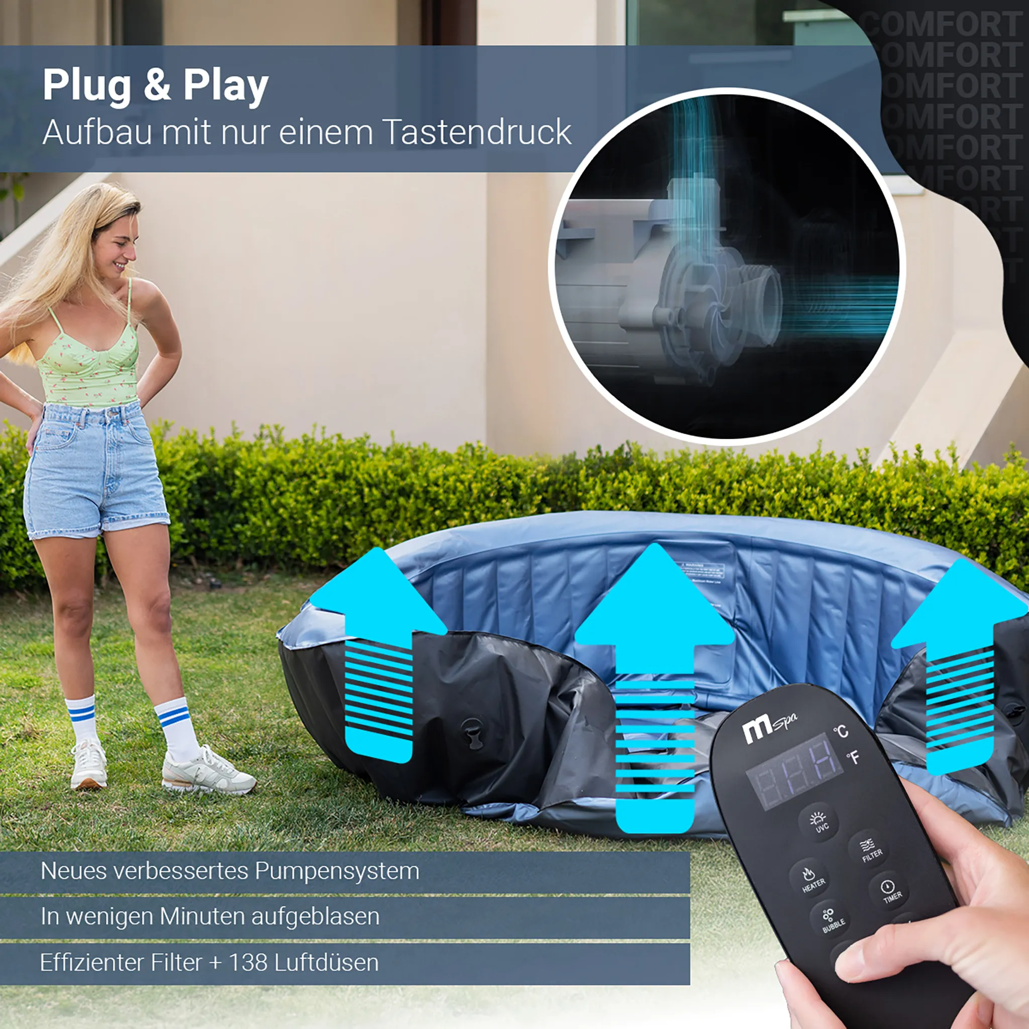 MSpa Whirlpool Comfort Bergen | 6 Personen Pool - In- & Outdoor Spa - 138 Massagedüsen - Fernbedienung - Aufblasfunktion per Tastendruck - 204x204 cm – Bild 5