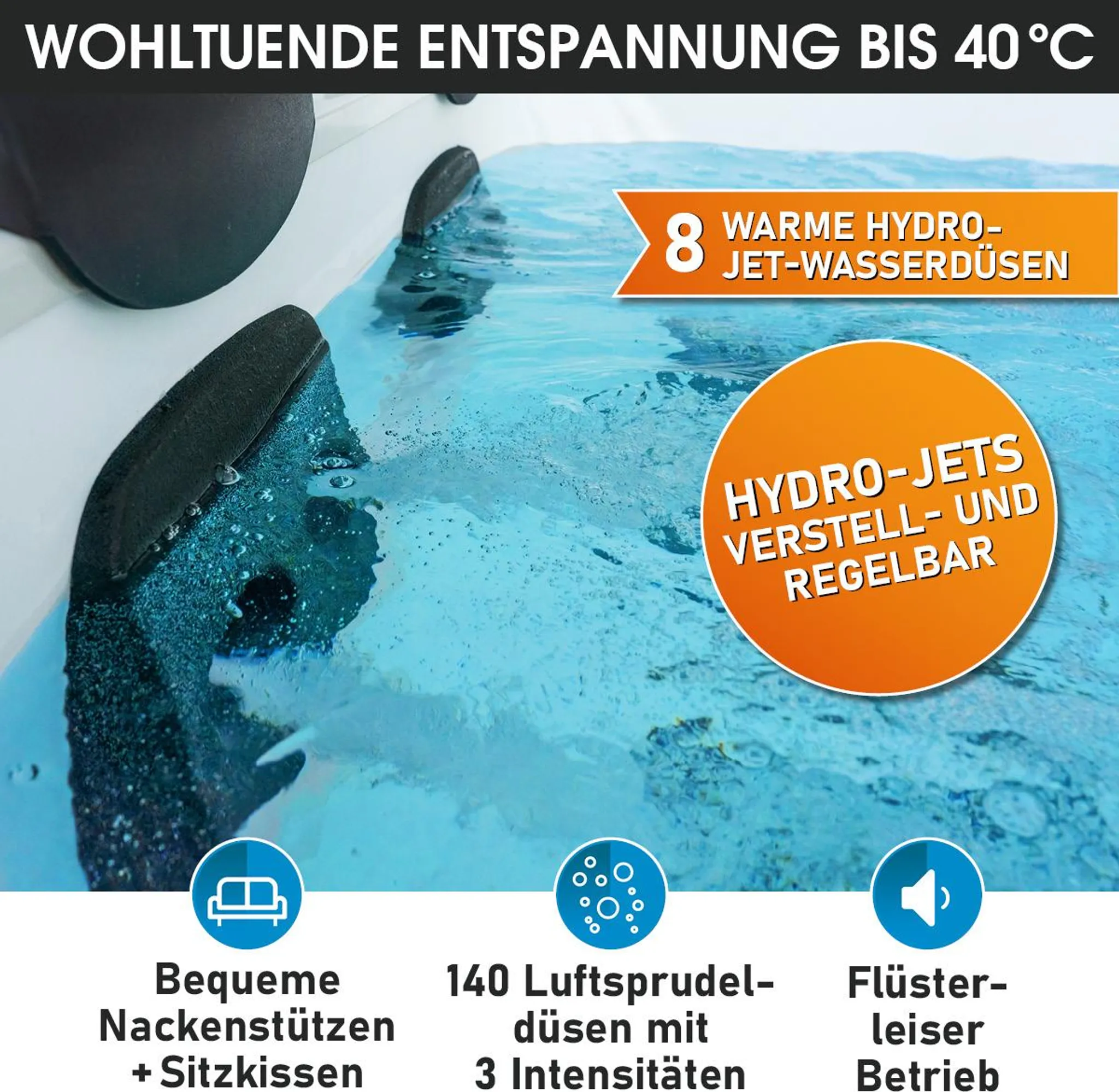 BRAST Whirlpool MSpa Oslo Plus XXL mit Fester Außenwand | LED-Beleuchtung 20 einstellbare Farben für 6 Personen | 180x180x65cm | 140 Massagedüsen | Ganzjähriger Einsatz Winterfest | In & Outdoor Pool – Bild 7