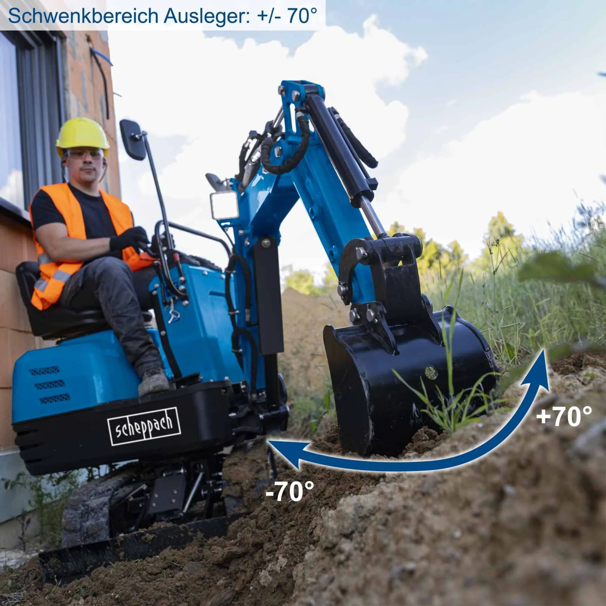 Benzin Mini-Bagger EXC815 Scheppach - 8,5PS | Grabtiefe 1200mm | Grabweite 2330mm | 690mm Spurbreite | Kettenantrieb E-Start Schaufel & Planierschild – Bild 8