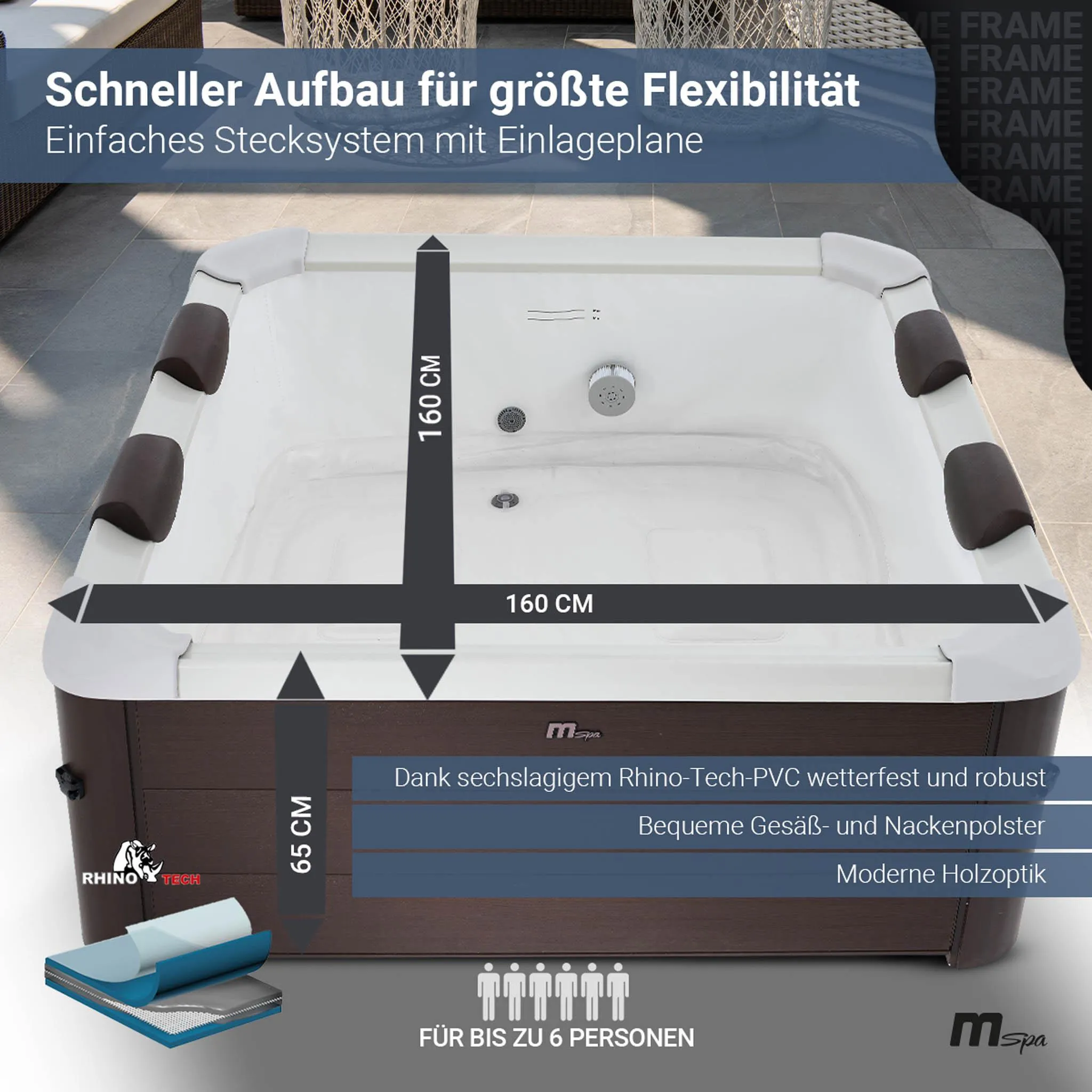 Miweba MSpa Whirlpool Frame Tribeca | 6 Personen - App - Holzoptik - Pool - Spa - Outdoor - Massagedüsen - Jacuzzi - UVC+ Reinigung - PTC Heizung – Bild 5