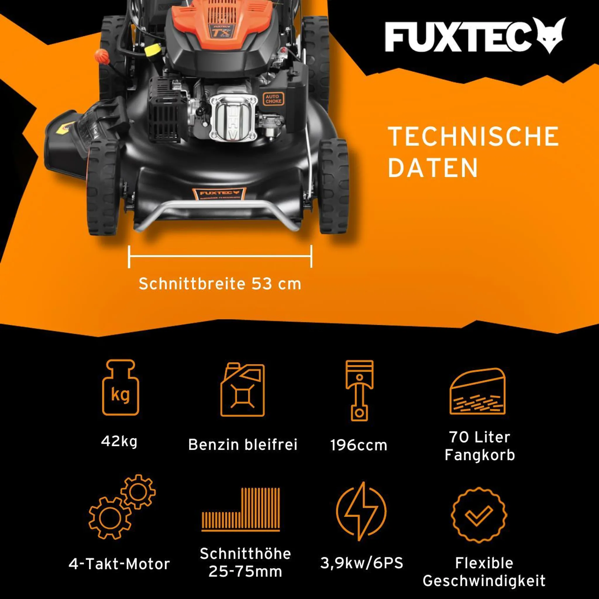 FUXTEC 4in1 Benzin Rasenmäher FX-RM5396es-PRO - 196ccm | 53cm | 42Kg | E-Start | Selbstantrieb | 70L | Mulchfunktion | 4-Tackt | Seitenauswurf – Bild 3