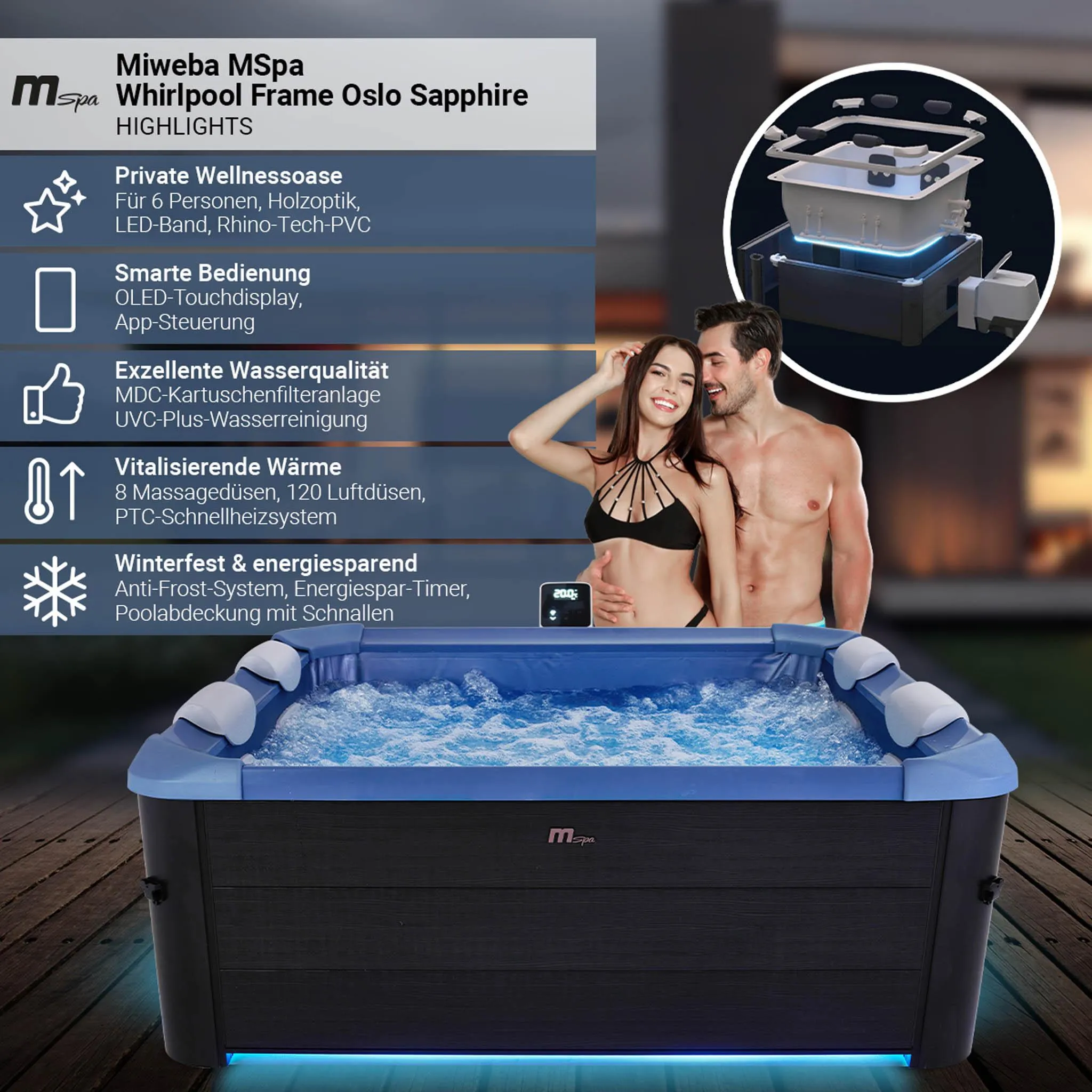 Miweba MSpa Whirlpool Frame Oslo | für 6 Personen - App Steuerung - Outdoor Pool - UVC-Reinigung - OLED Touchdisplay - mit Starterset - Sapphire – Bild 2